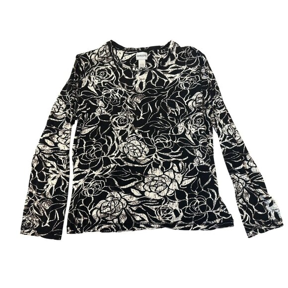 Chicos Size 2 L Black & White Floral Long Sleeve Top Cottage Stretch Career - Picture 1 of 4